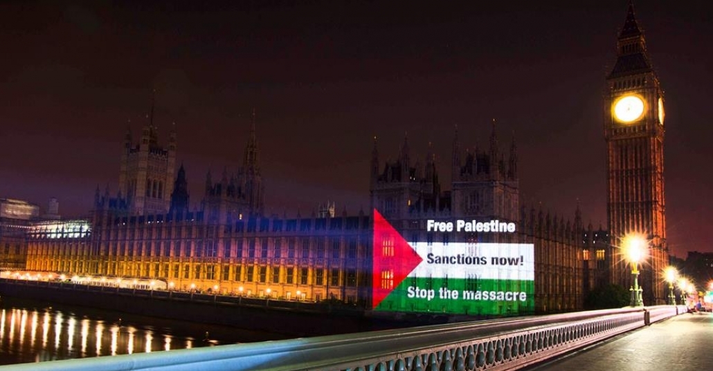 Gazze İçin Westminster Sarayı’na Filistin Bayrağı Projeksiyonu